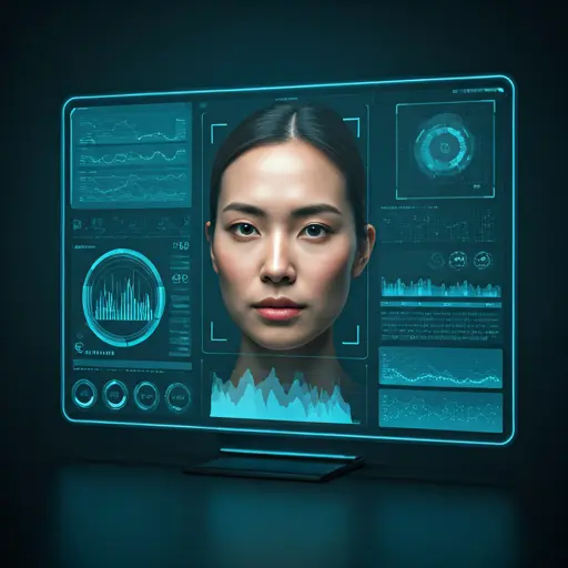 High-tech processing interface showing facial recognition and data analysis on a futuristic display
